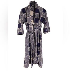 VTG Bill Blass Cotton Bath Robe Snowflake Blue Tile Pattern Belted Oversized S